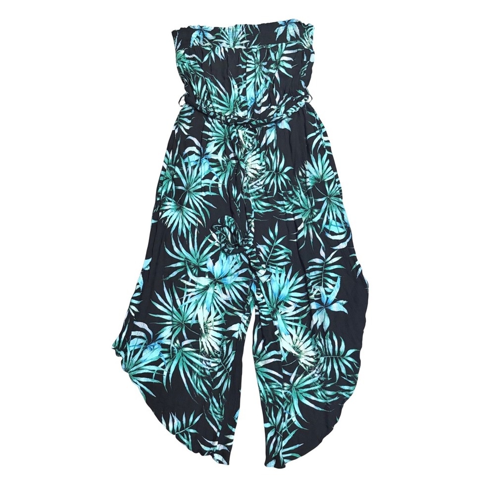 City Chic Tropical Palm Strapless Jumpsuit Black Green Plus Size S 16 Wide Leg